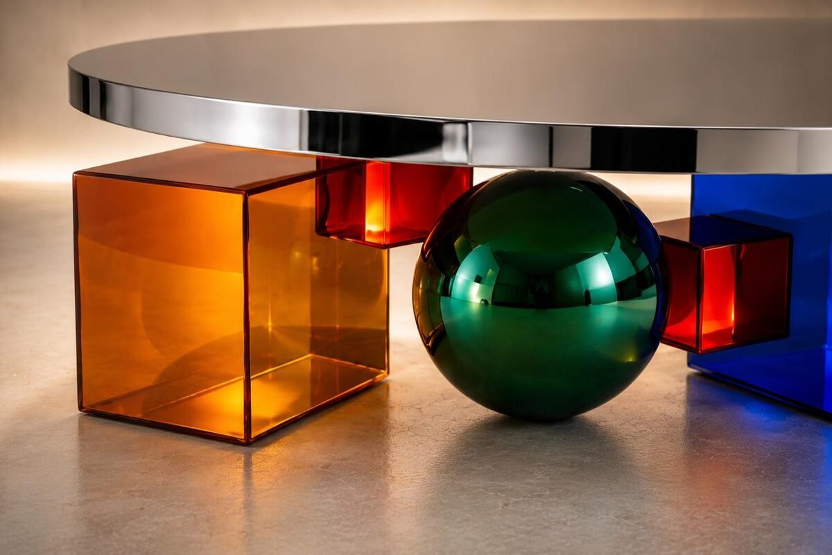 Prism — detail of the tinted architectural volumes and sphere
